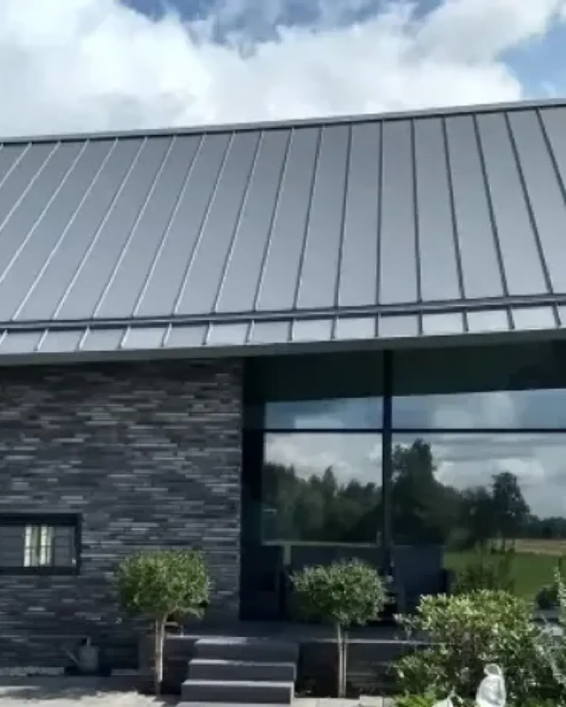 Zinklook boven een woonkamer met grote glaspuien